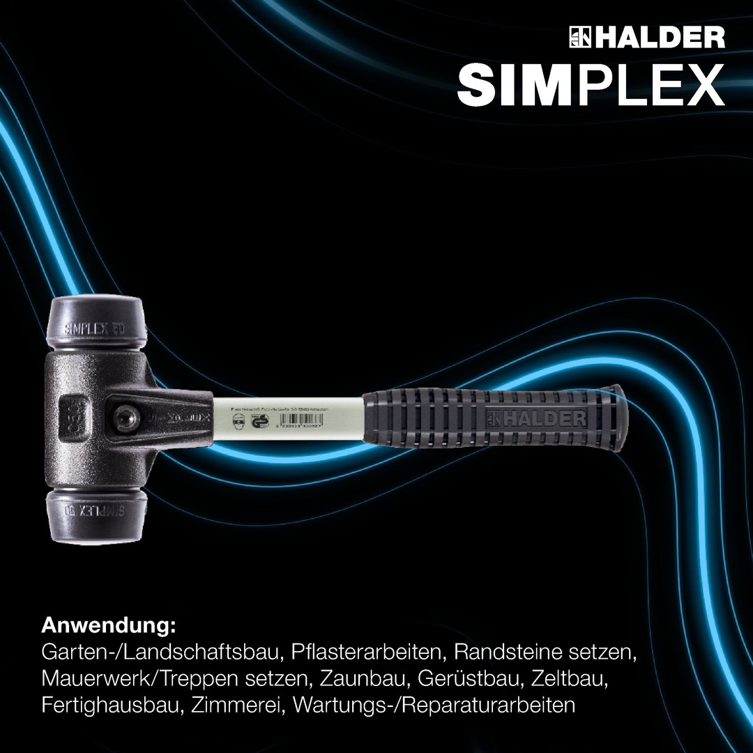 SIMPLEX-Schonhammer, Gummikomposition; mit verstärktem Tempergussgehäuse und Fiberglasstiel | D=80 mm | 3702.080