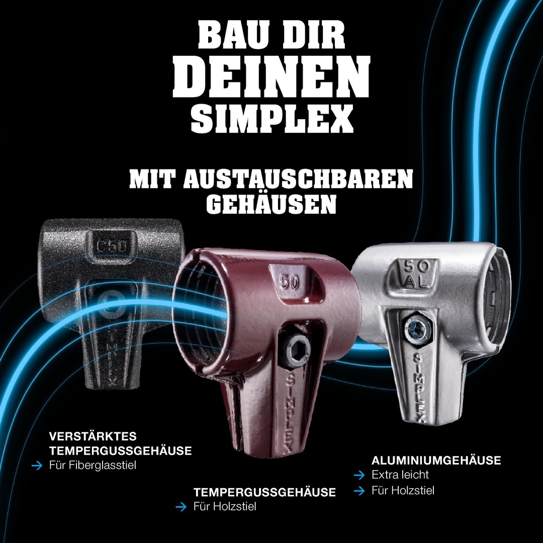 SIMPLEX-Plusbox Starterkit, SIMPLEX-Schonhammer D80, Gummikomposition / Superplastik, mit Tempergussgehäuse sowie je ein Schlageinsatz Gummikomposition mit Standfuss plus Cuttermesser | 3027s028