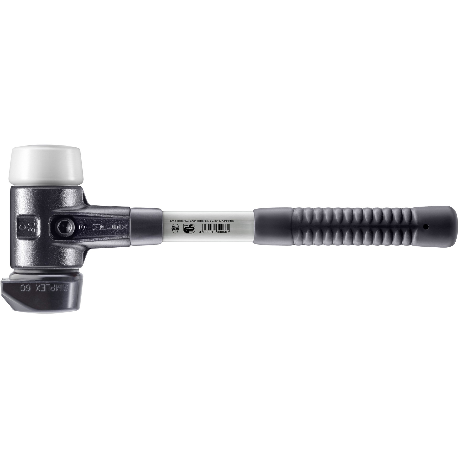 SIMPLEX-Schonhammer, Gummikomposition mit Standfuß / Superplastik; mit verstärktem Tempergussgehäuse und Fiberglasstiel | D=60 mm | 3727.260