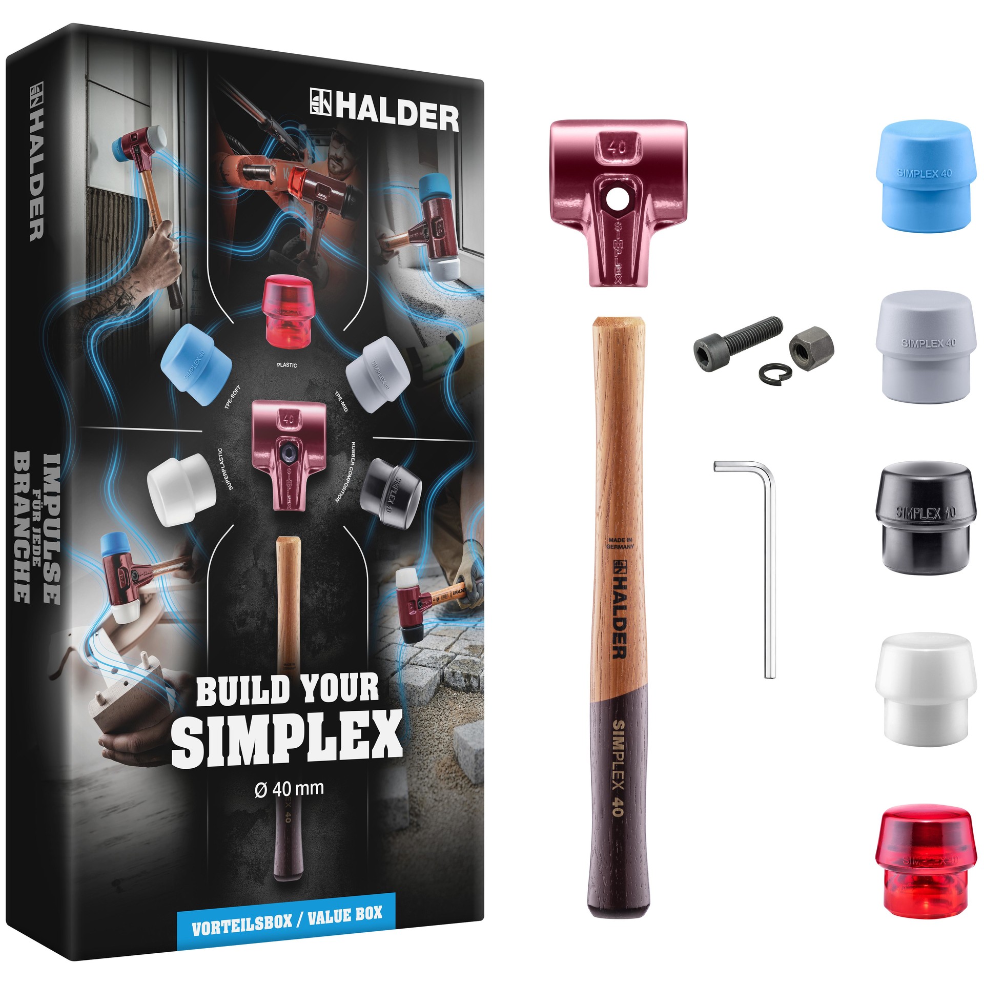"SIMPLEX Vorteilsbox ""Build your SIMPLEX"", SIMPLEX Schonhammer D40, Gussgehäuse, Holzstiel und fünf verschiedene Einsätze | 3000s090"