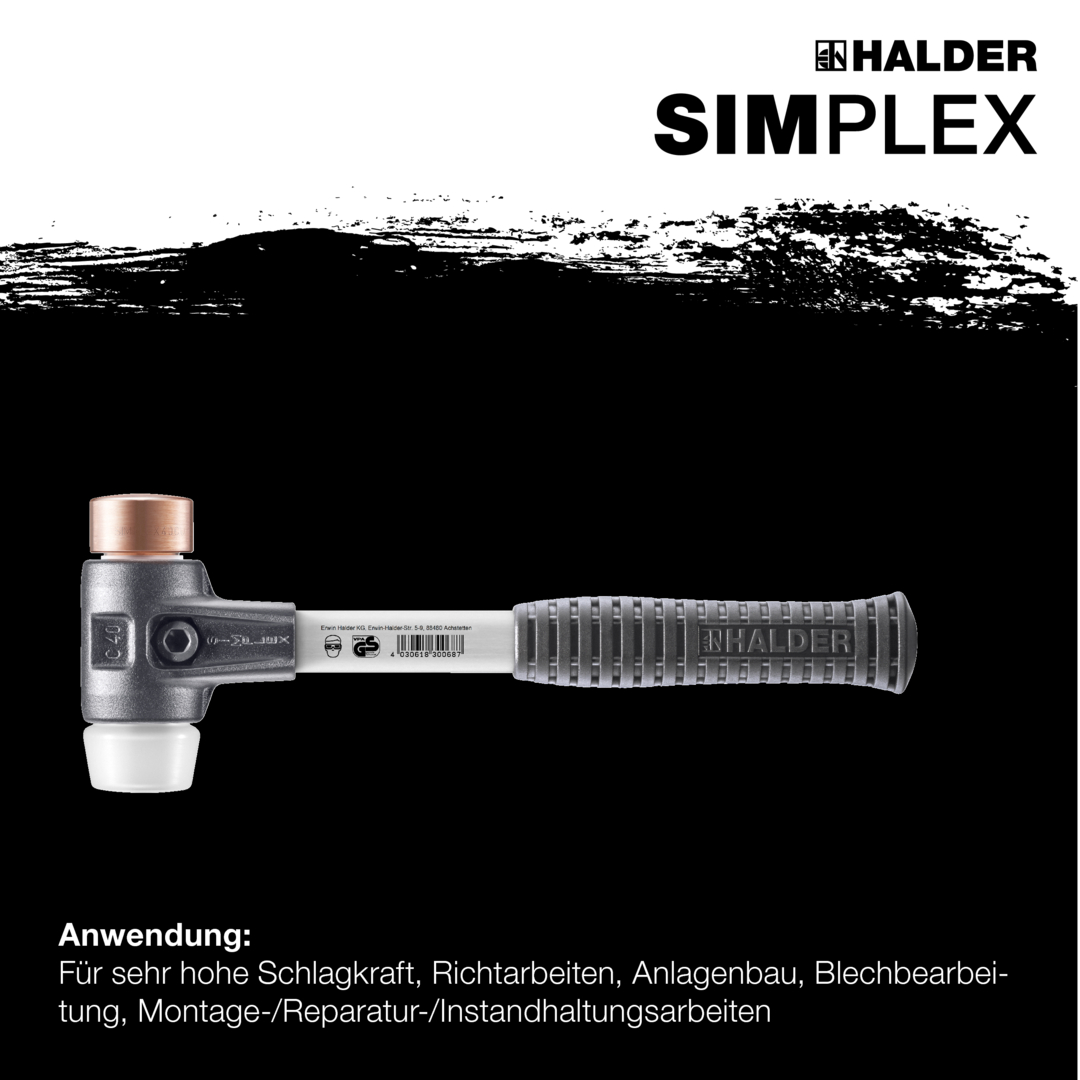 SIMPLEX-Schonhammer, Kupfer / Superplastik; mit verstärktem Tempergussgehäuse und Fiberglasstiel | D=30 mm | 3747.030