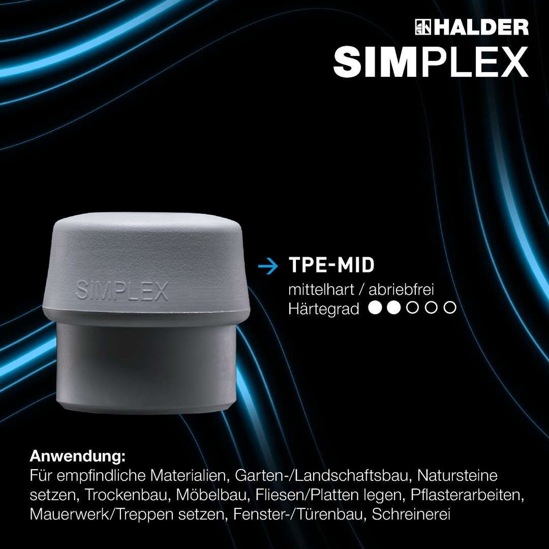 SIMPLEX-Schonhammer, TPE-soft / TPE-mid; mit Tempergussgehäuse und hochwertigem Holzstiel | D=30 mm | 3013.030 SIMPLEX-Plusbox Starterkit Alu SIMPLEX-Schonhammer D60, TPE-soft / TPE-mid, mit Aluminiumgehäuse sowie je ein Schlageinsatz Gummikomposition und Superplastik plus Cuttermesser | EH 3113s004