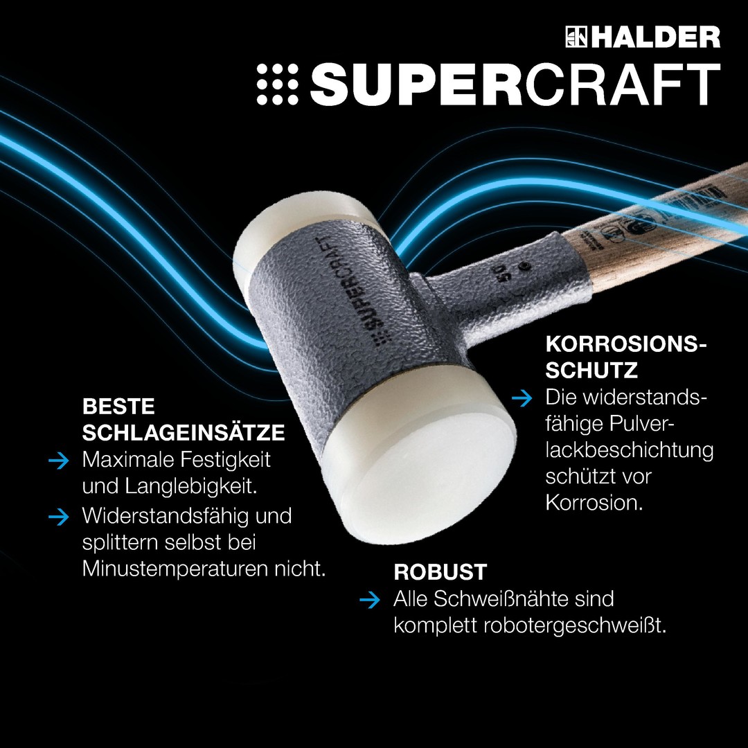 SUPERCRAFT-Schonhammer, mit schwingungsdämpfendem, ergonomisch geformtem und lackiertem Hickorystiel | D=20 mm | 3366.020 Aktionsbox Bau SUPERCRAFT-Schonhammer D50 mit bruchsicherem Stahlrohrstiel, gelb-fluoreszierend beschichtet und PARAT Hammerhalter | EH 3377s001
