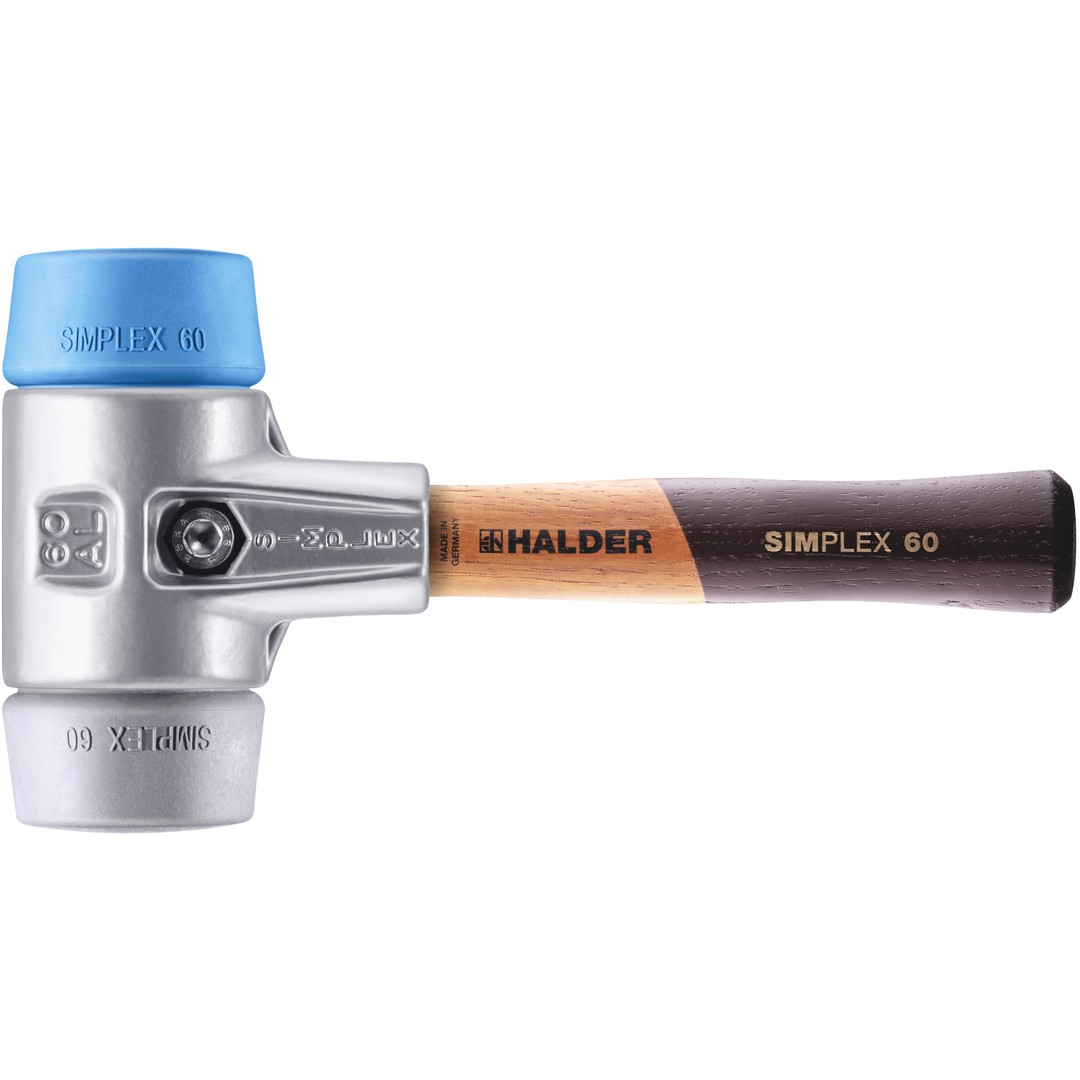SIMPLEX-Schonhammer, TPE-soft / TPE-mid; mit Aluminiumgehäuse und hochwertigem, extra kurzen Holzstiel | D=60 mm / Stielausführung=extra kurz | 3113.062