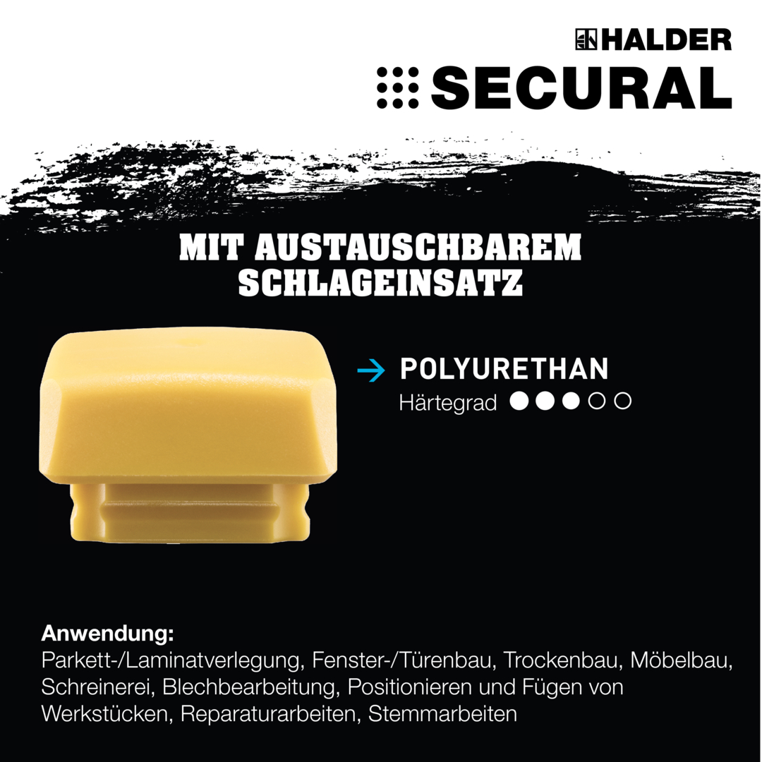 SECURAL plus-Schonhammer, Kopf und Stiel bruchsicher aus einem Stück Stahl, Schlageinsätze rechteckig, mit speziellem Griffende | L=30 mm / B=40 mm | 3380.140