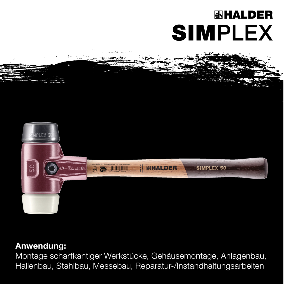 SIMPLEX-Schonhammer, Gummikomposition / Nylon; mit Tempergussgehäuse und hochwertigem Holzstiel | D=50 mm | 3028.050