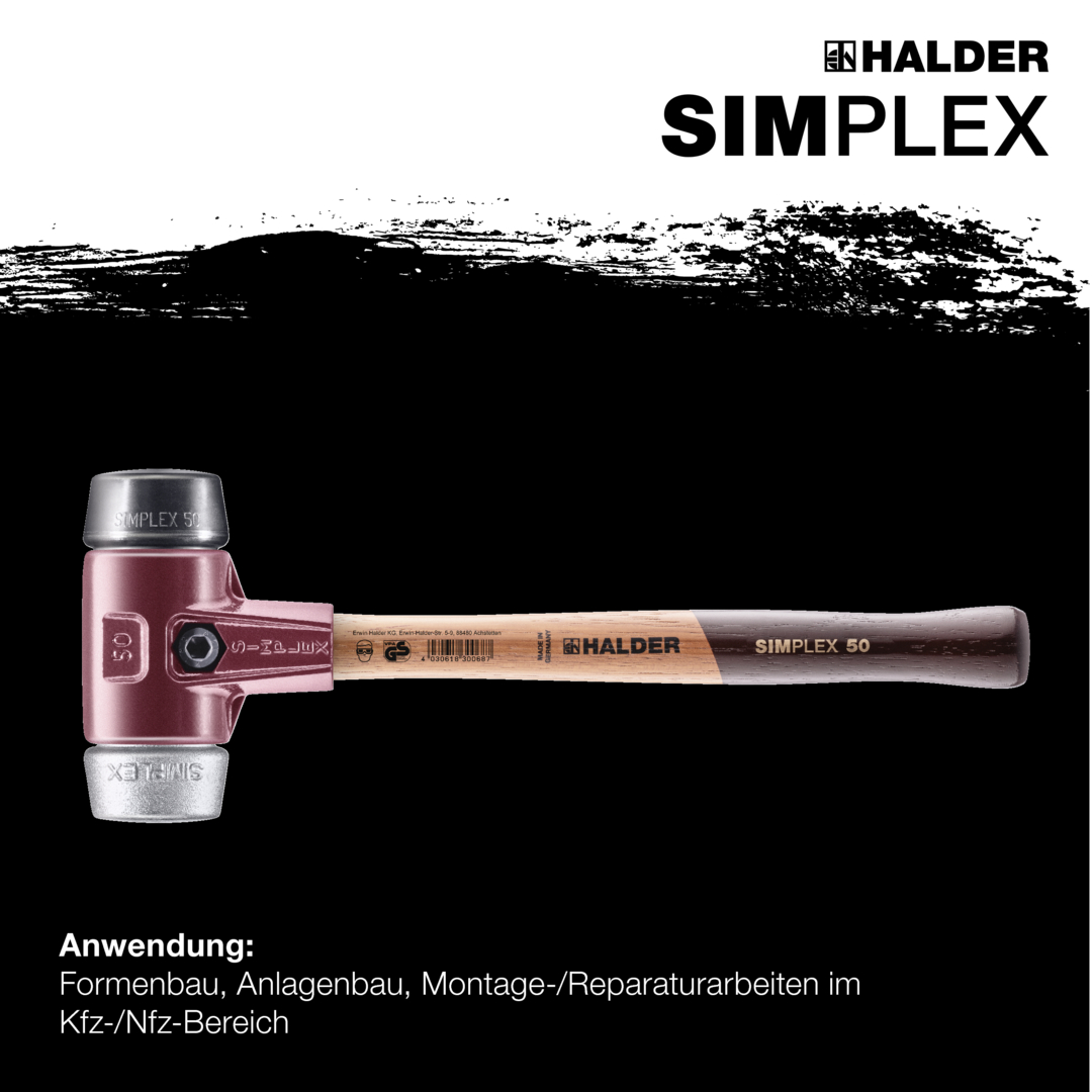 SIMPLEX-Schonhammer, Gummikomposition / Weichmetall; mit Tempergussgehäuse und hochwertigem Holzstiel | D=80 mm | 3029.080
